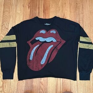 The Rolling Stones Black Graphic Print Varsity Long Sleeve Cropped T-Shirt Small